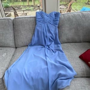Periwinkle blue strapless prom dress.